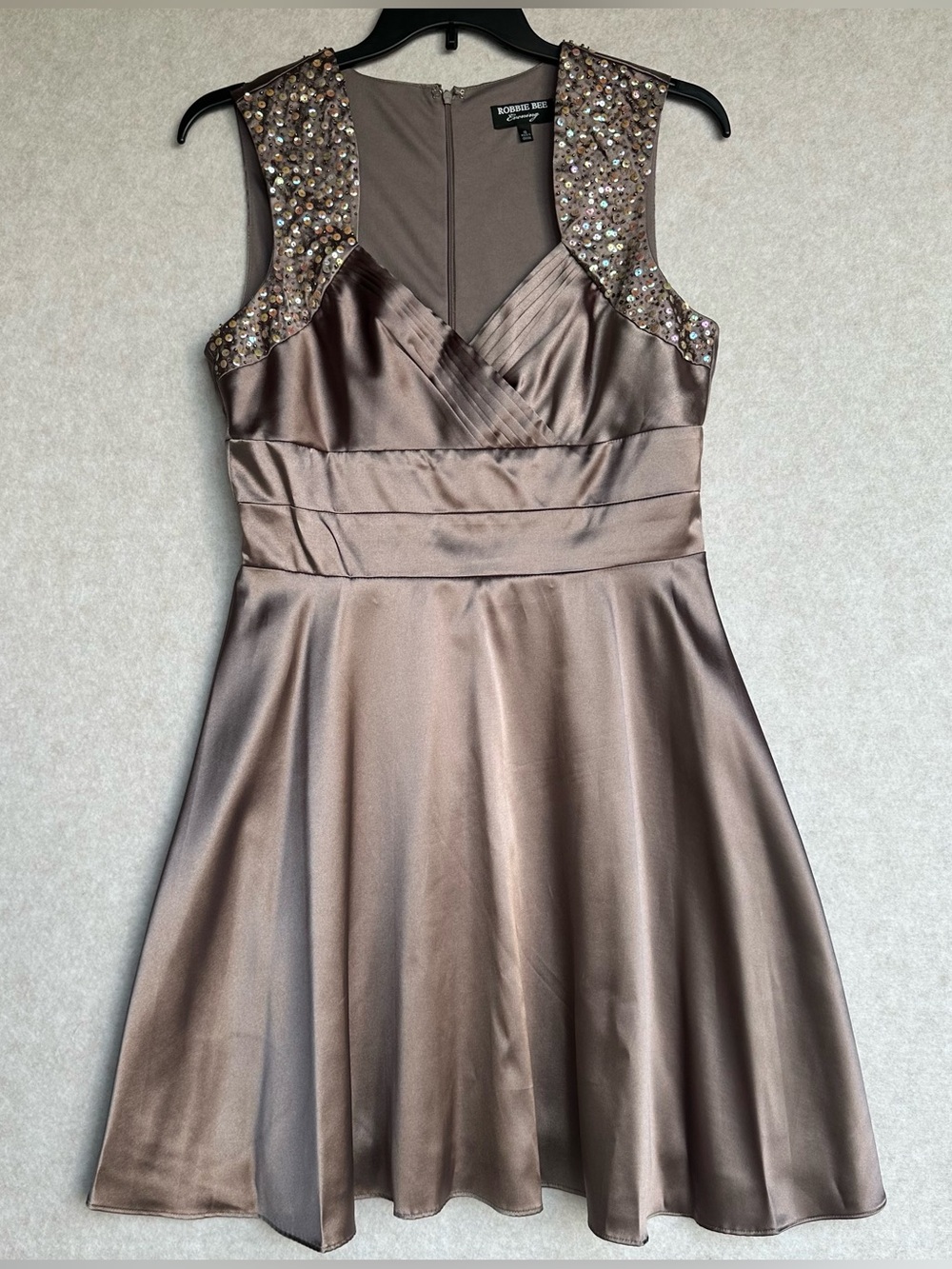 Robbie Bee Dress Size 10 Taupe Sequin-Shoulder Satin Fit & Flare Mini Dress